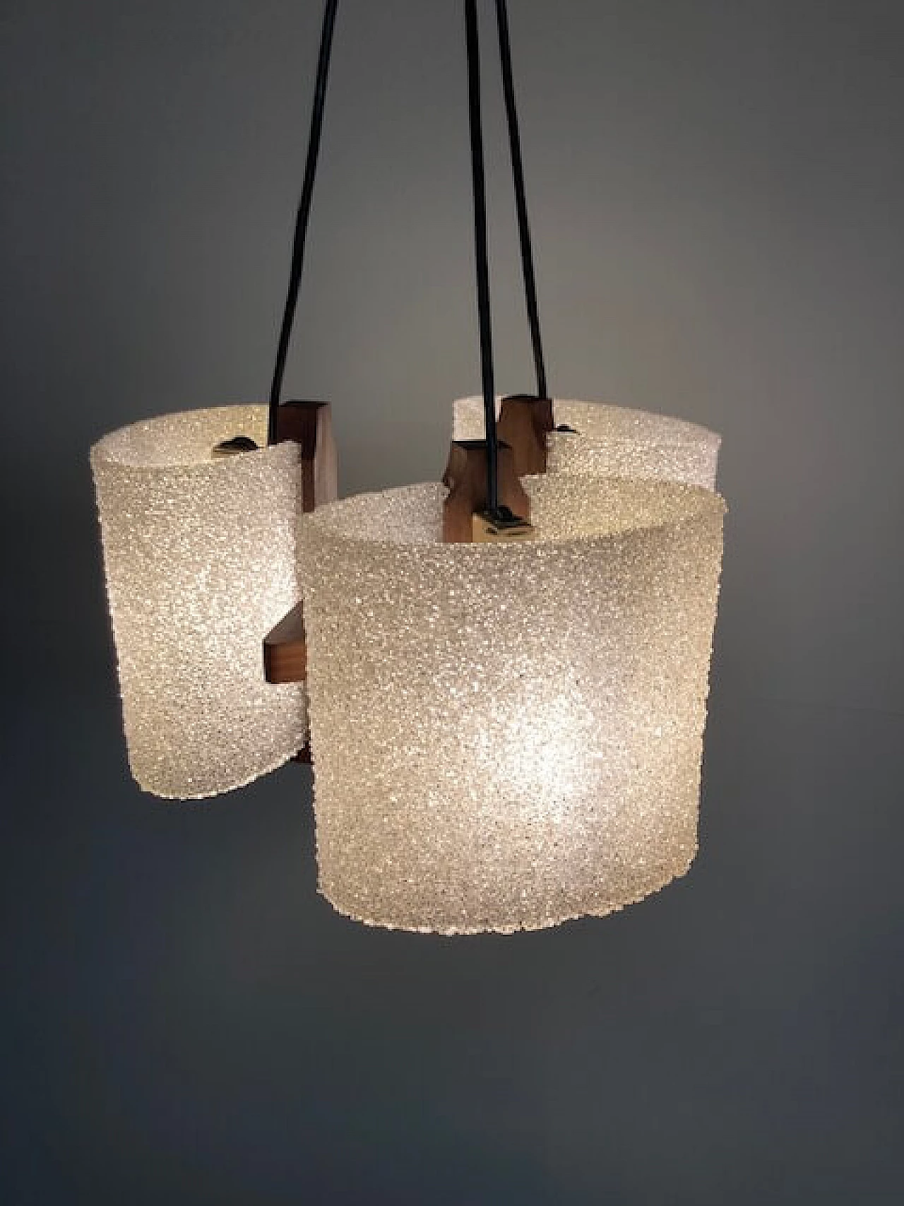 Solid teak three-light pendant chandelier, 1970s 8