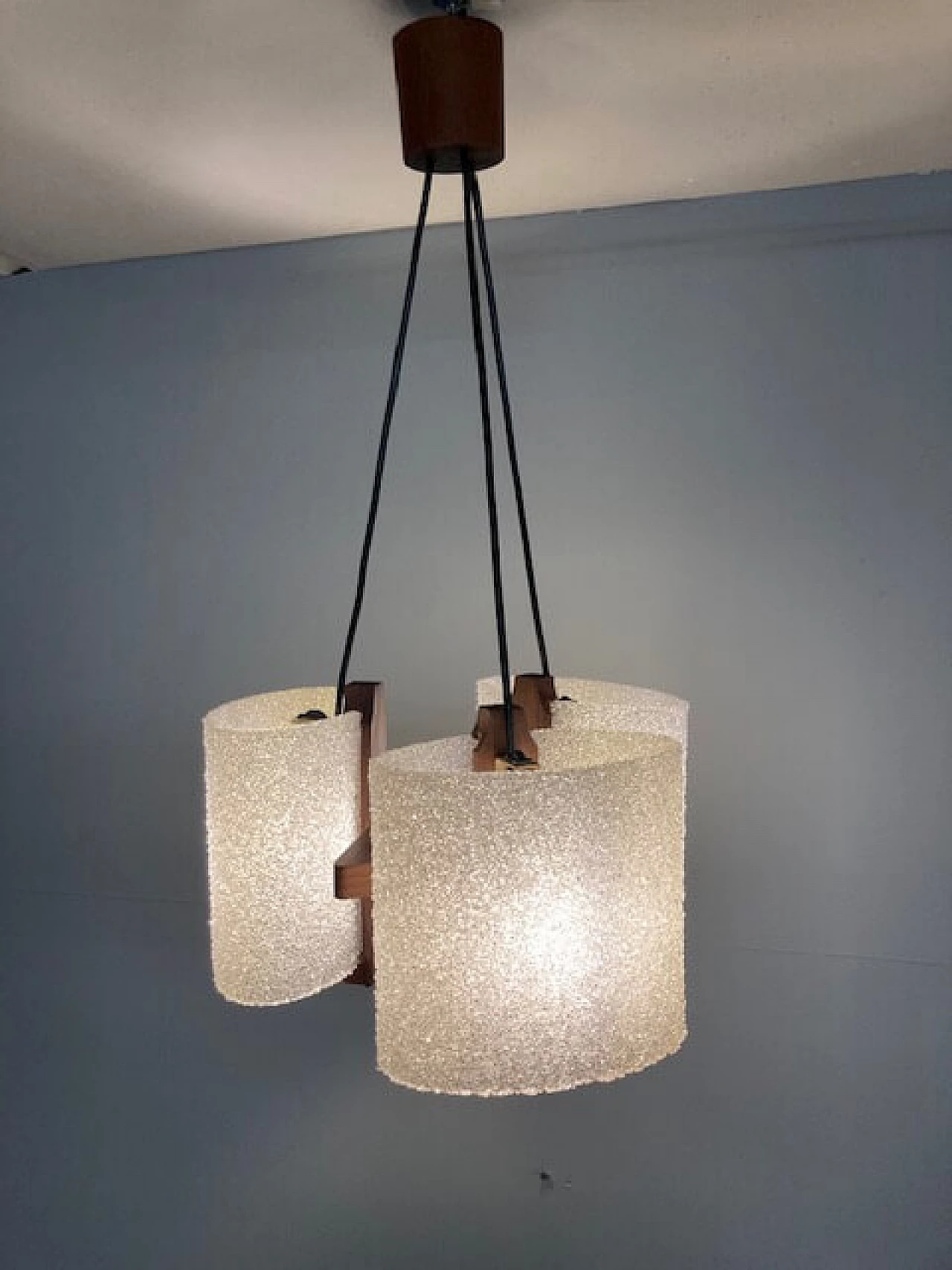 Solid teak three-light pendant chandelier, 1970s 9