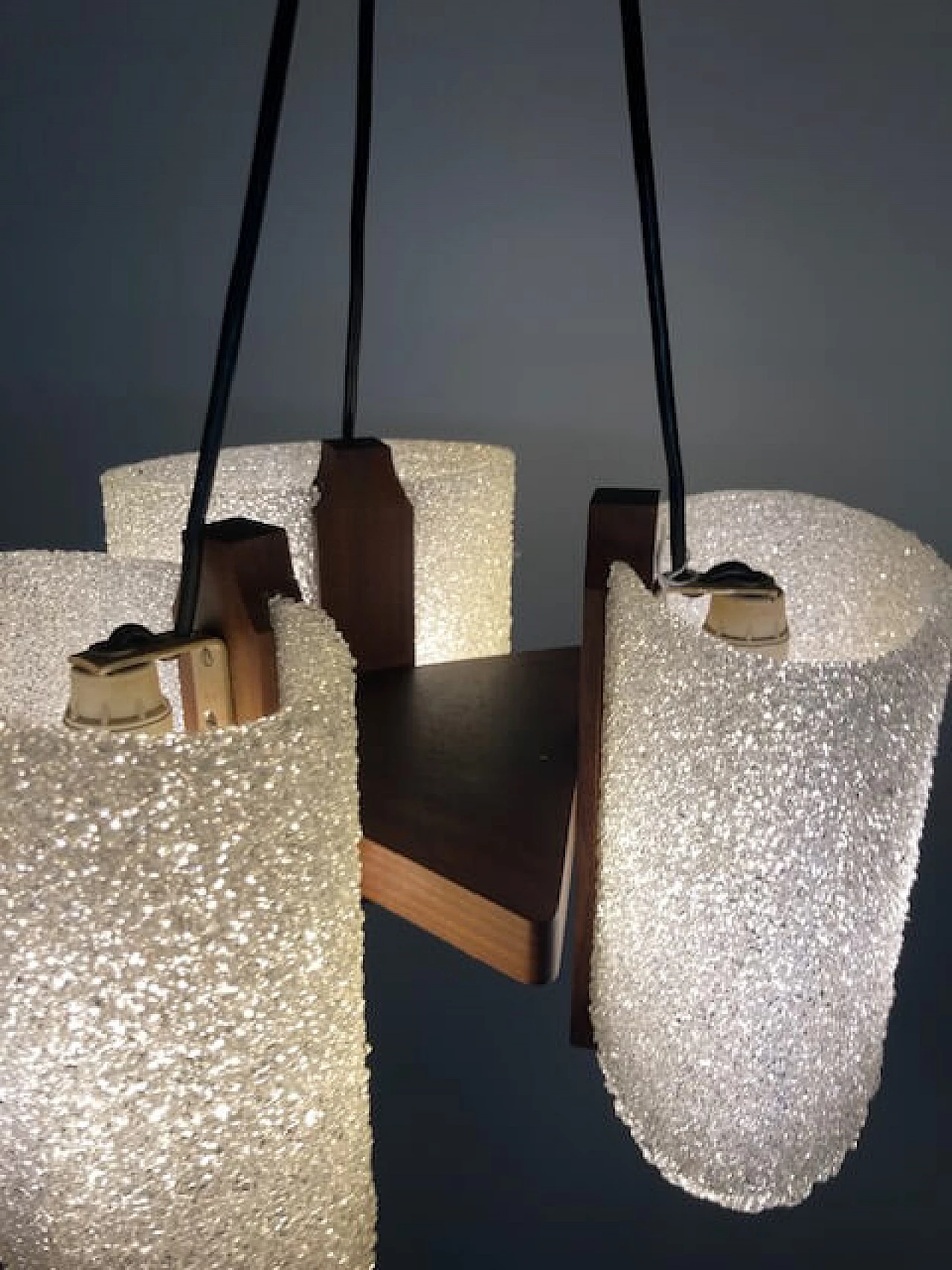 Solid teak three-light pendant chandelier, 1970s 10