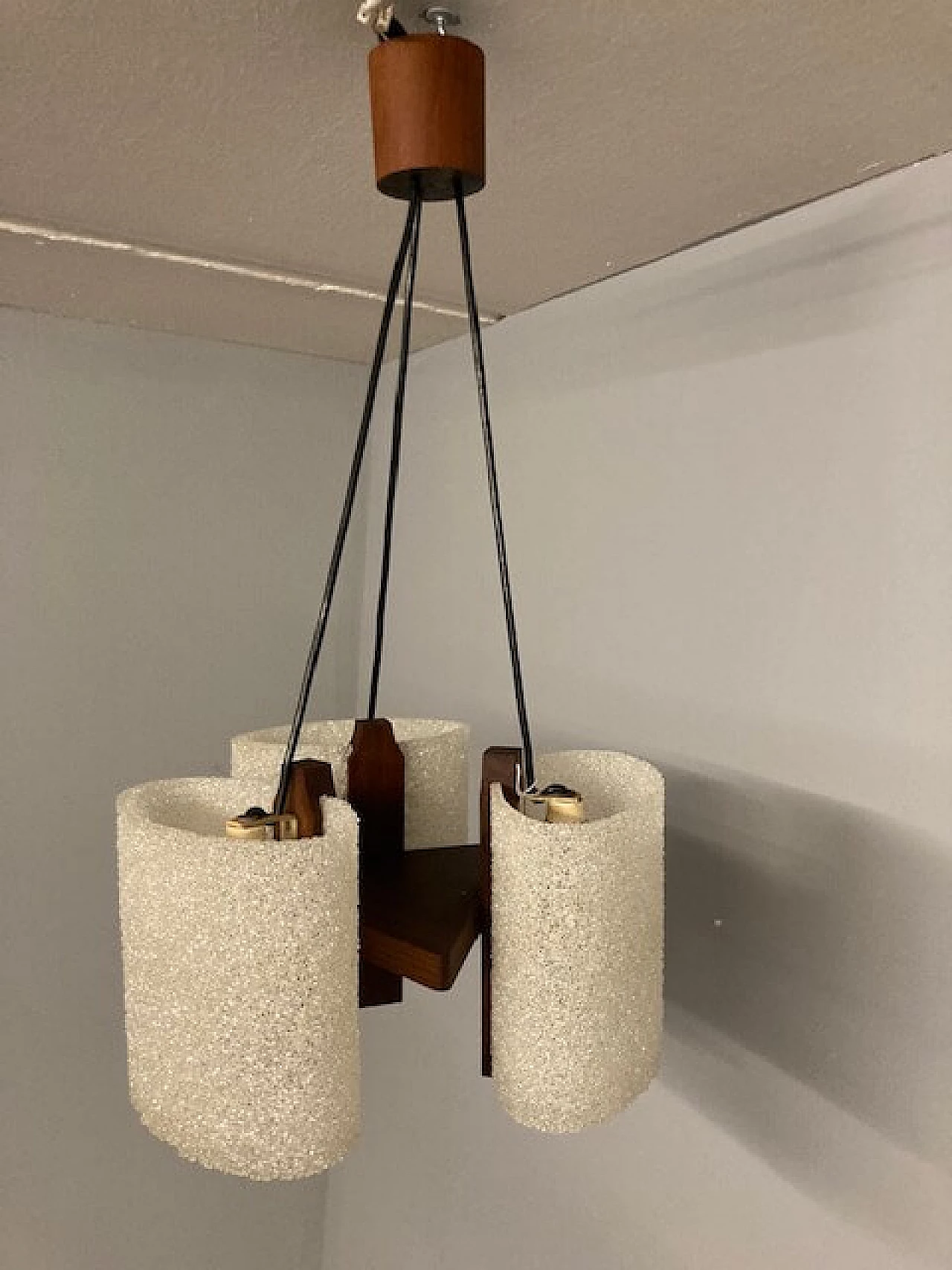 Solid teak three-light pendant chandelier, 1970s 13