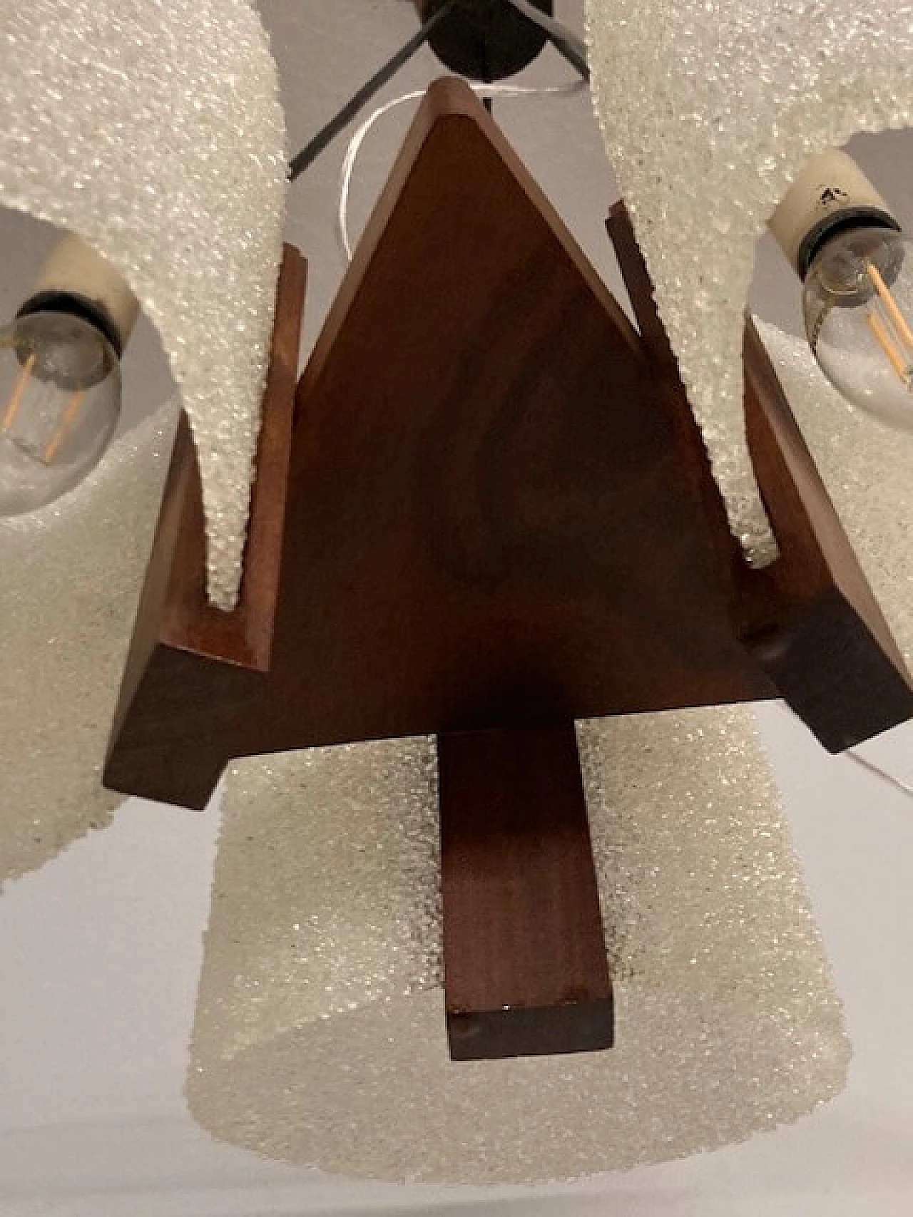 Solid teak three-light pendant chandelier, 1970s 14