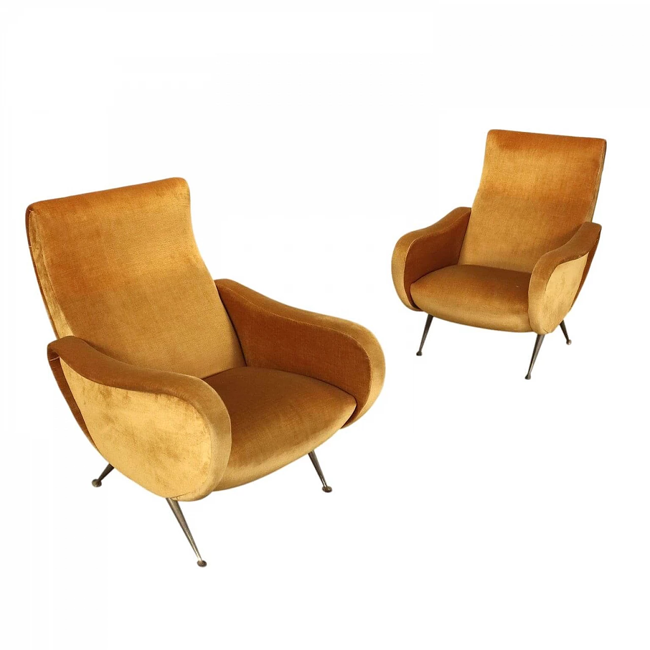 Pair of ochre velvet armchairs, 1960s 1