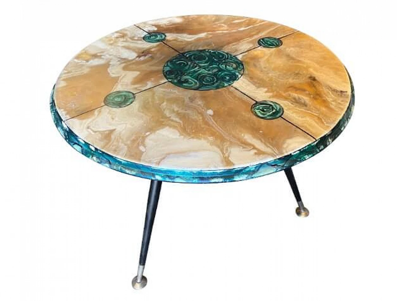 Round side table in brass and marbled painted wood, 1960s 1