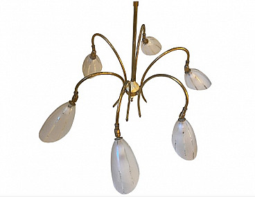 Brass and engraved glass chandelier, 1950s