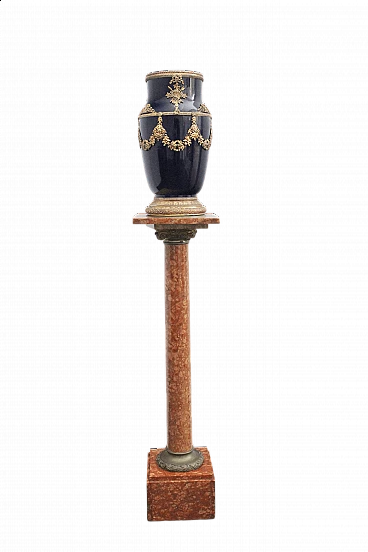 Blue vase on red marble column in Napoleon III style, early 20th century