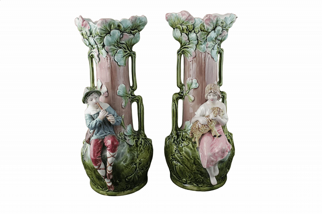 Pair of vases with reliefs of children and foliage in Art Nouveau style, early 20th century 13