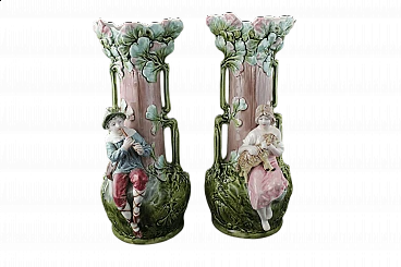 Pair of vases with reliefs of children and foliage in Art Nouveau style, early 20th century