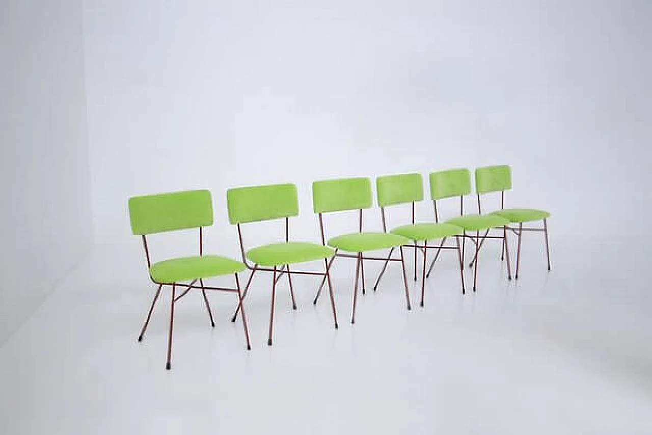 6 Green and red velvet chairs by BBPR, 1950s 1