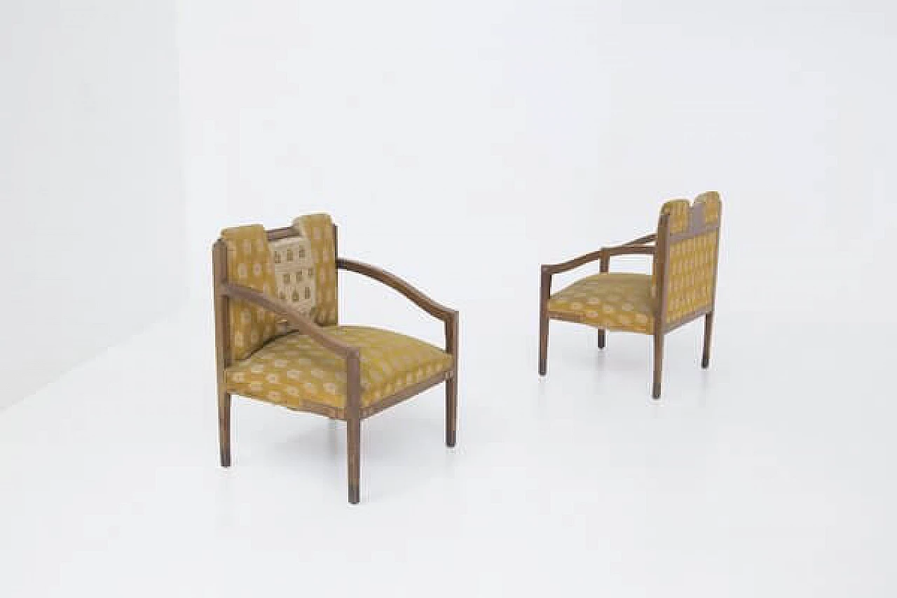 Pair of wood and brass armchairs, 1950s 1