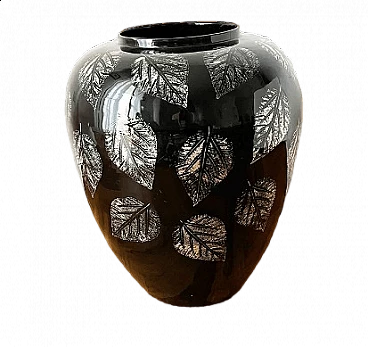 Vaso in bambù laccato nero con decorazioni dorate, anni '60