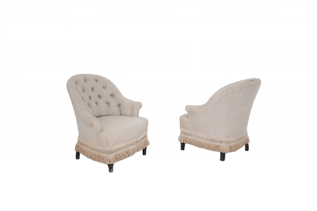 Coppia di poltrone con frange in tessuto beige, anni '50 8