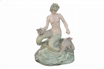 Ceramic sculpture depicting bicaudate mermaid by Le Bertetti, 1930s