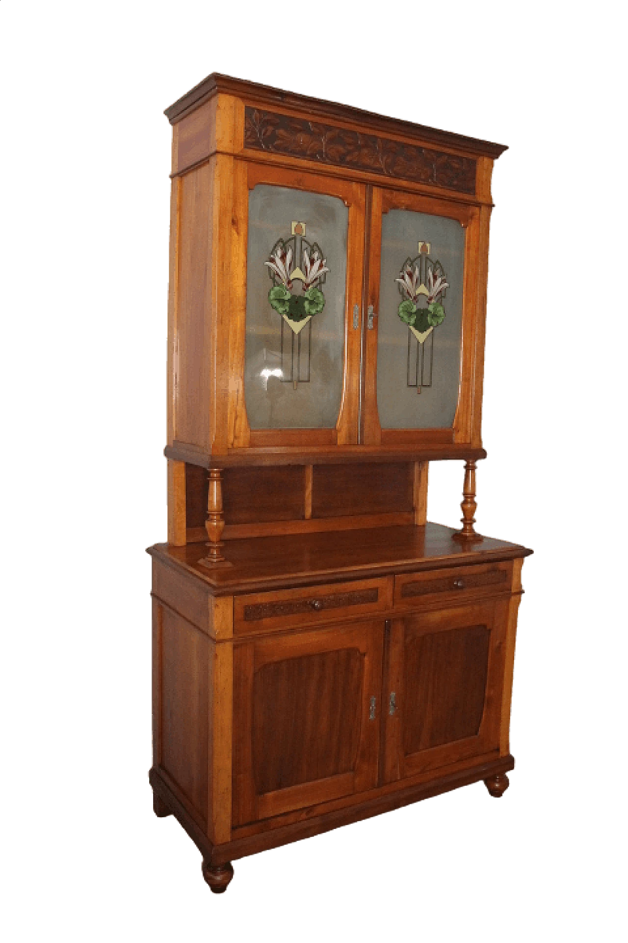 Credenza doppio corpo Liberty con ante in vetro dipinto, fine '800 24