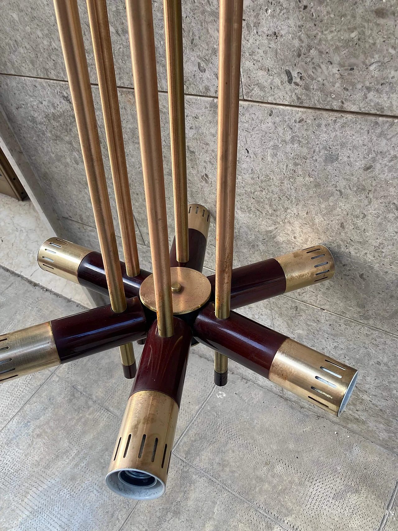 Six-light brass and wood chandelier, 1960s 8