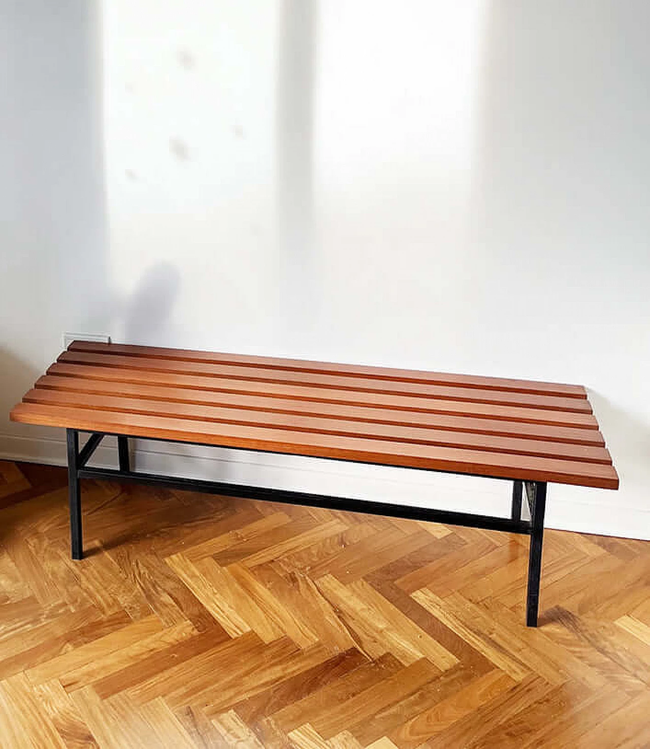 Metal bench with teak laths, 1960s 5
