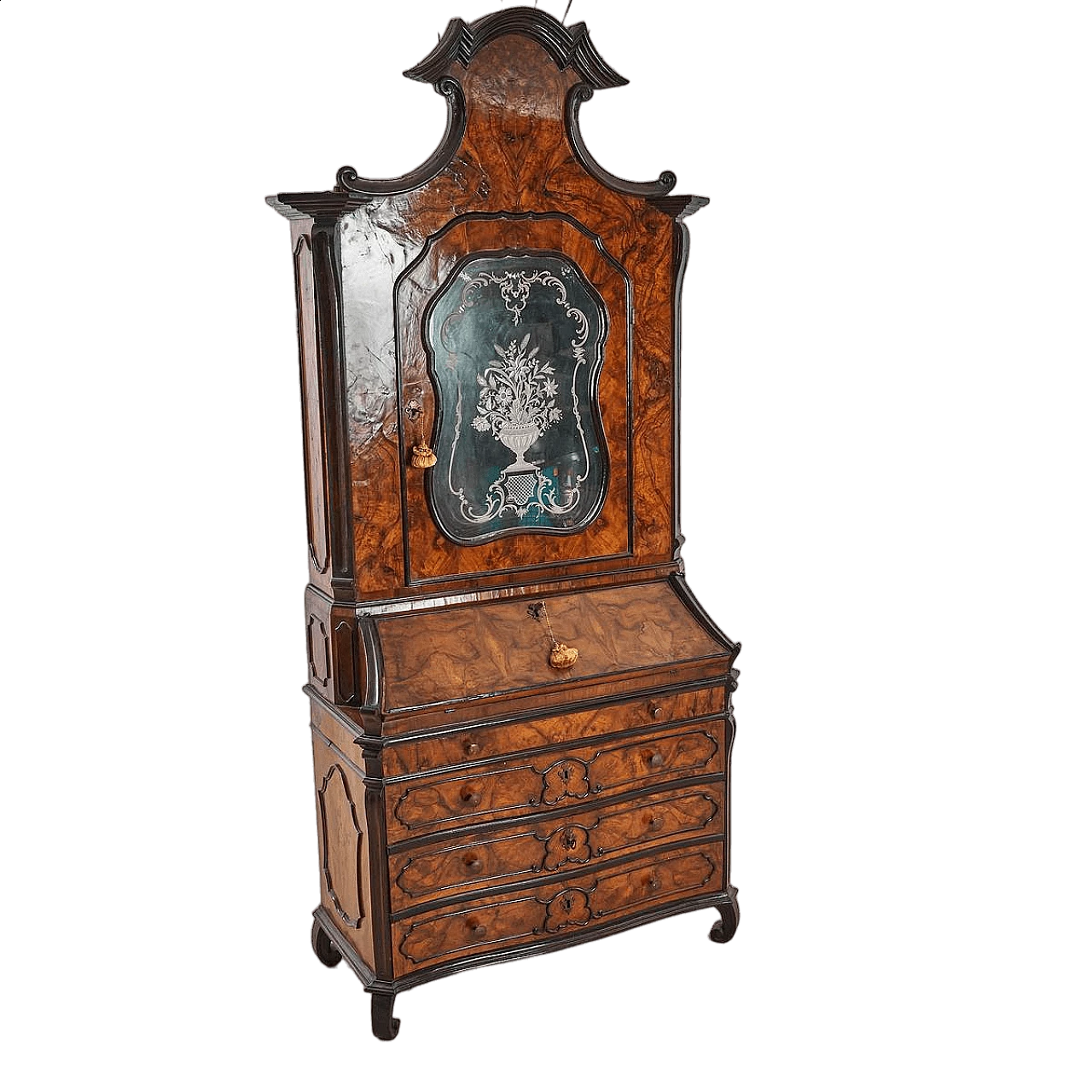 Trumeau in legno con anta a ribalta e vetrina, '700 16