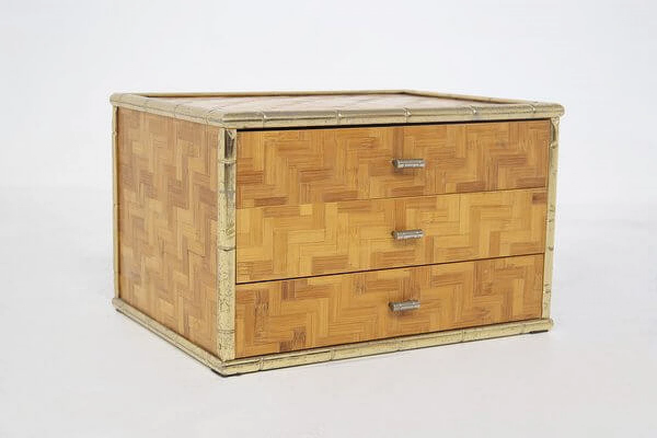 Wicker and brass dresser with geometric decoration, 1970s 1