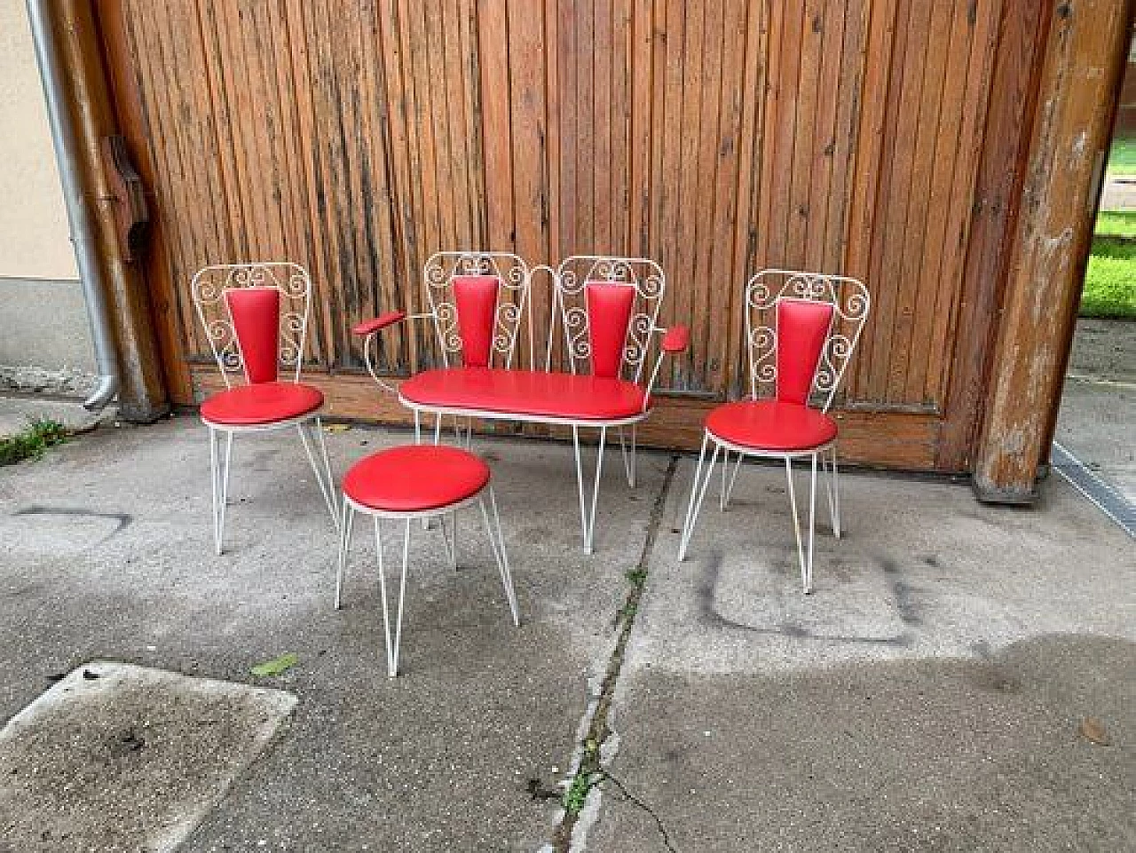 Coppia di sedie, panchina e tavolino da esterno, anni '60 1