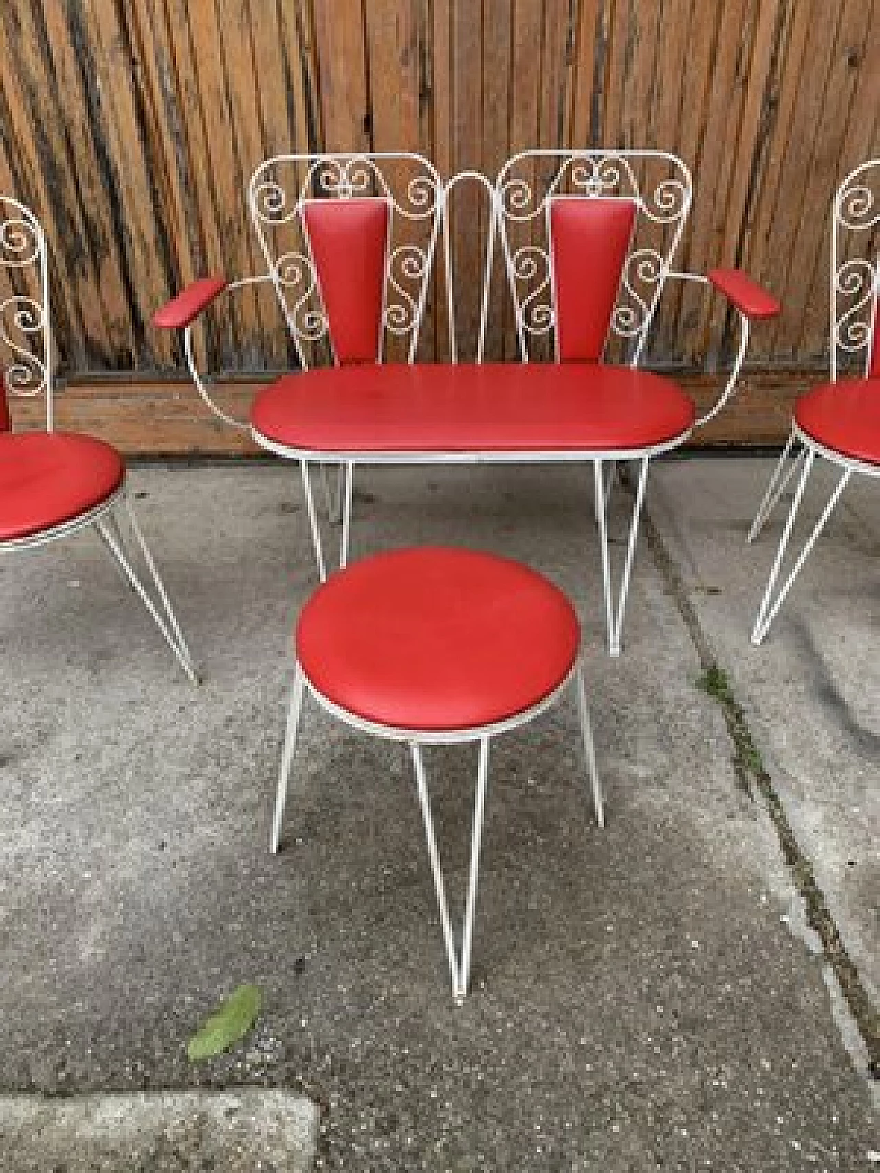 Coppia di sedie, panchina e tavolino da esterno, anni '60 3