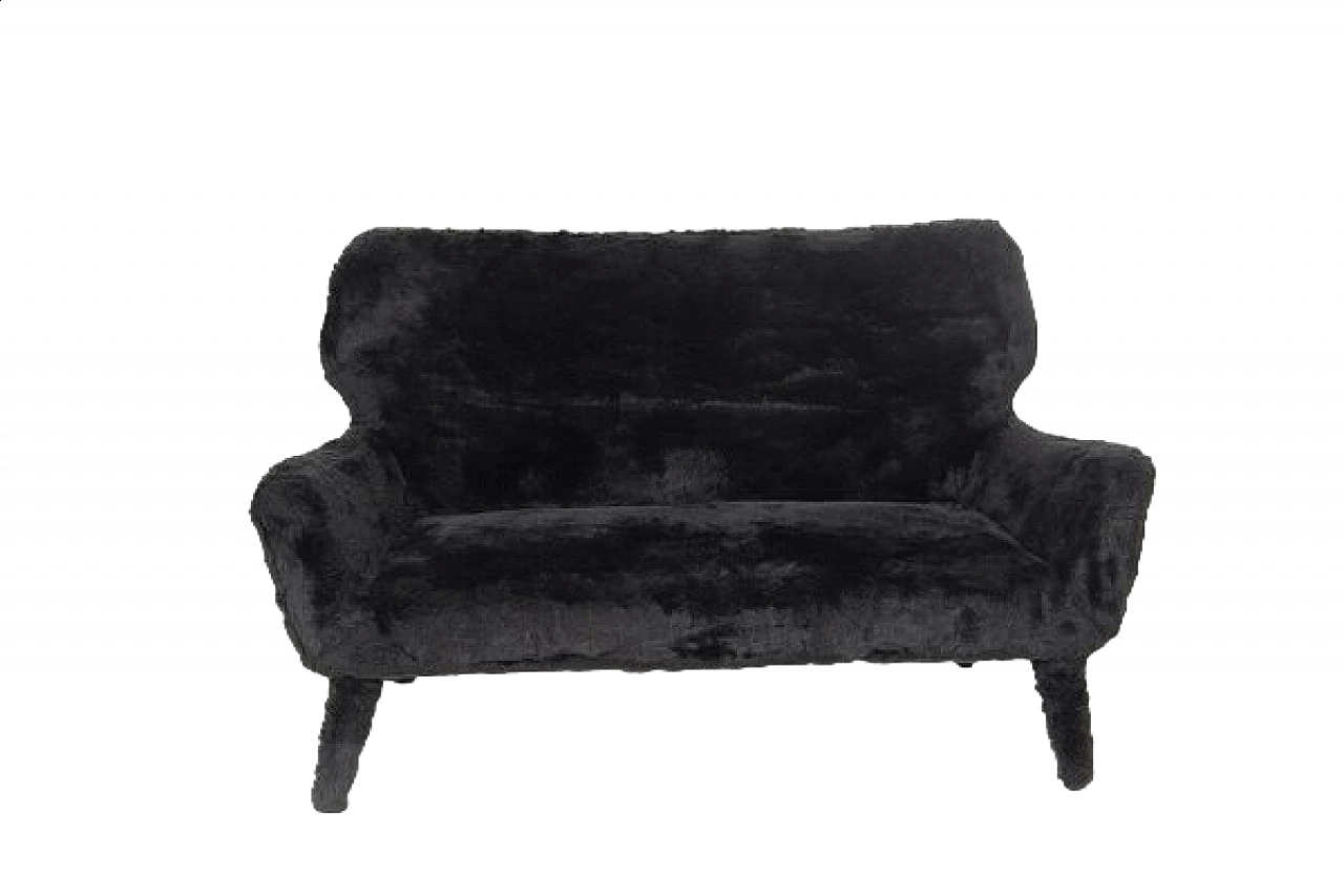 Divano in simil pelliccia nera, anni '50 7