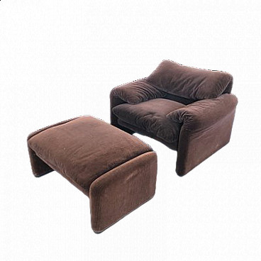 Maralunga armchair with original velvet footstool by Vico Magistretti for Cassina, 1970s