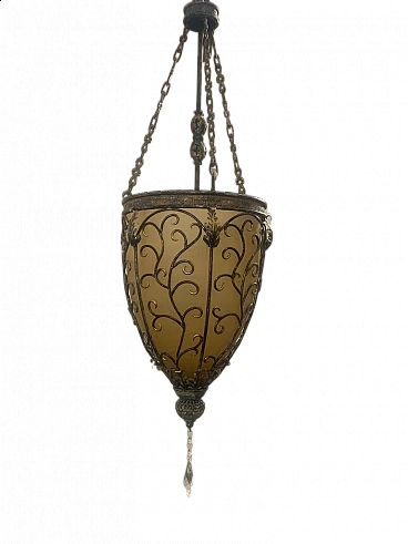 Gilt iron and yellow glass lantern, 1970s