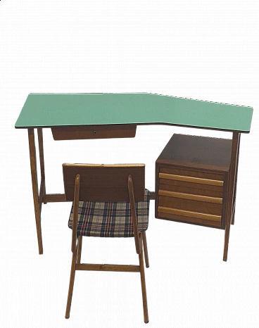 Three-drawer desk with green laminated top and original chair, 1950s