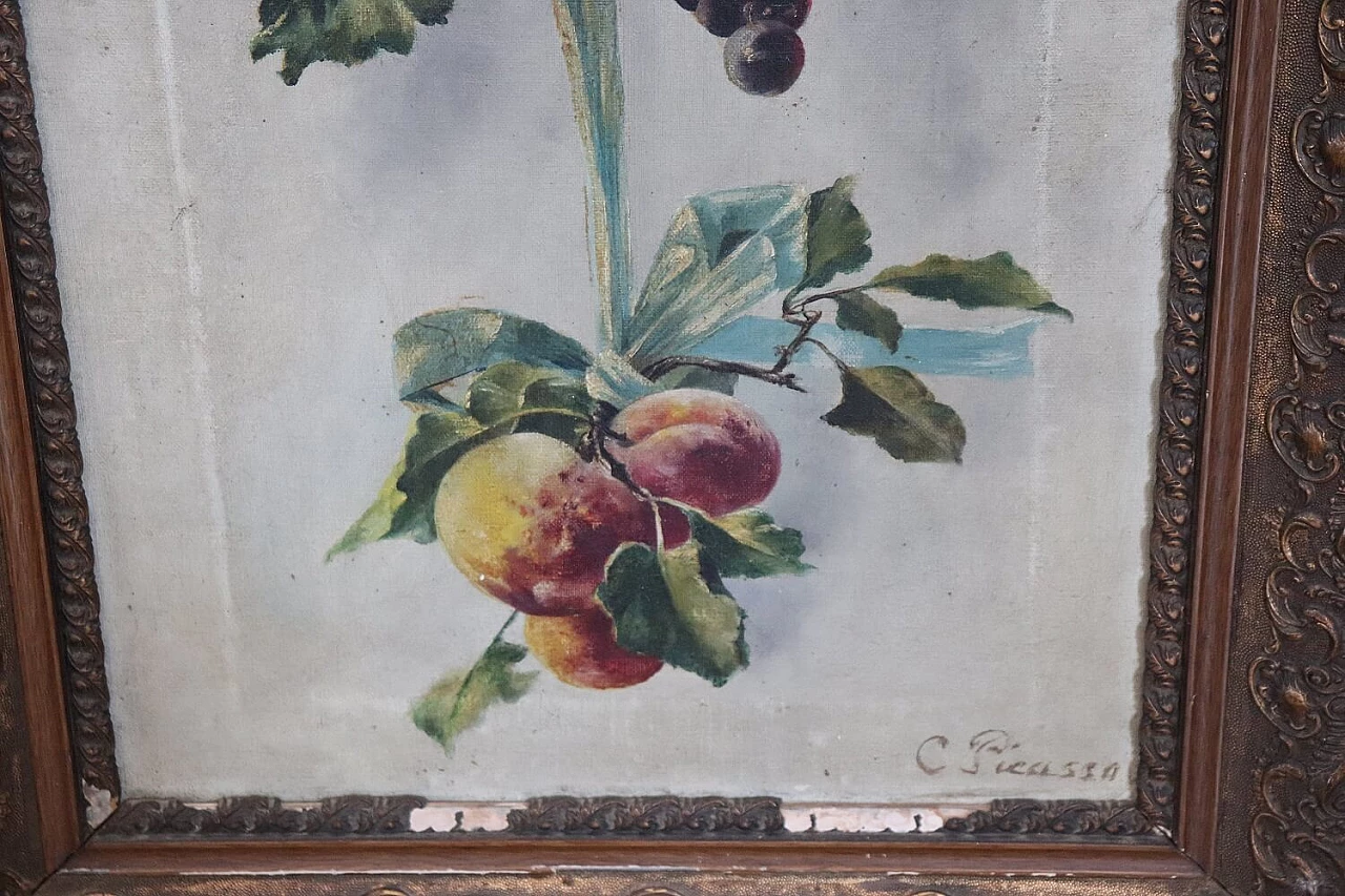 Coppia di dipinti a olio con nature morte di fiori e frutta, inizio '900 4