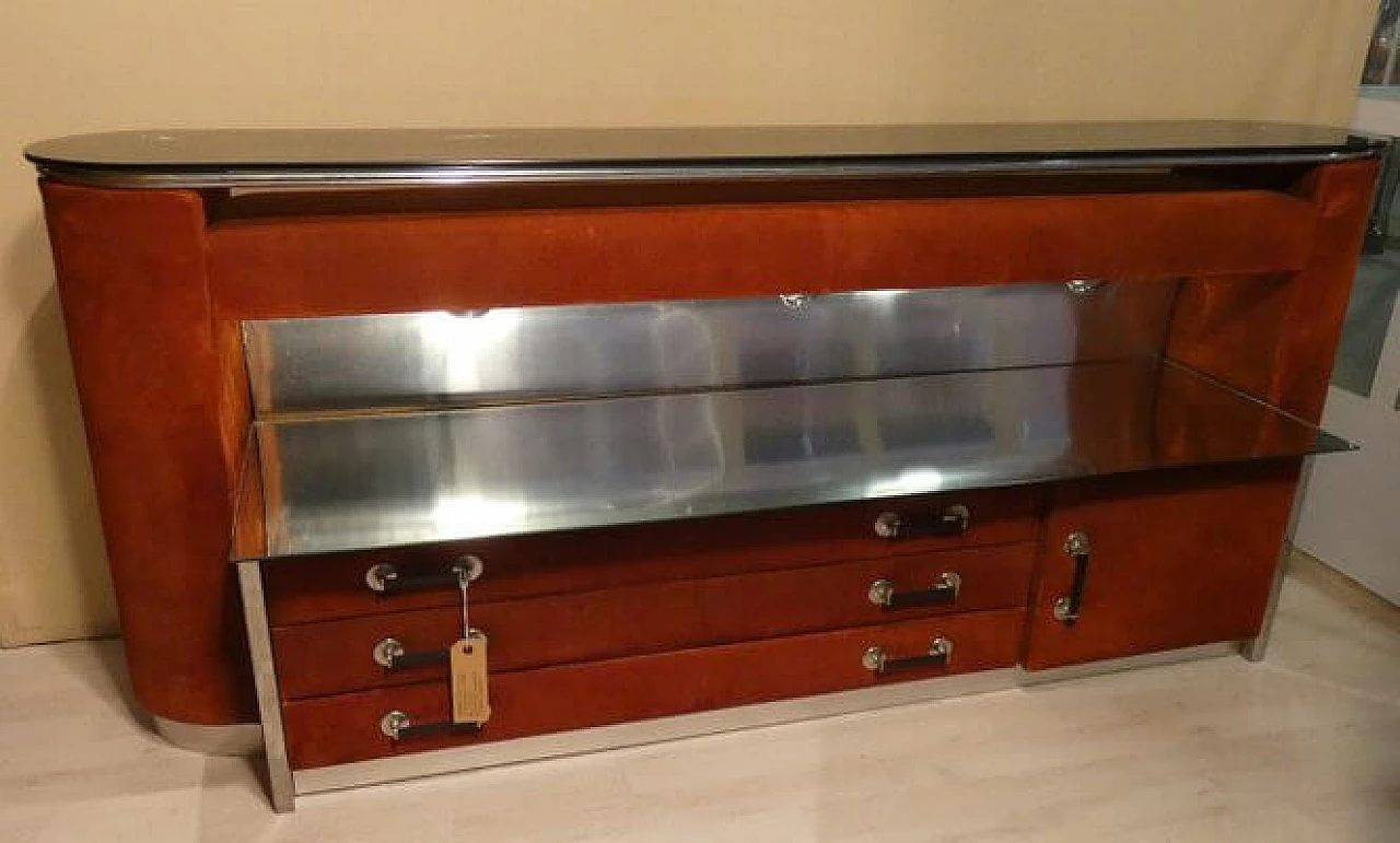 Consolle in suede con piano in vetro e ripiano specchiato, anni '70 1