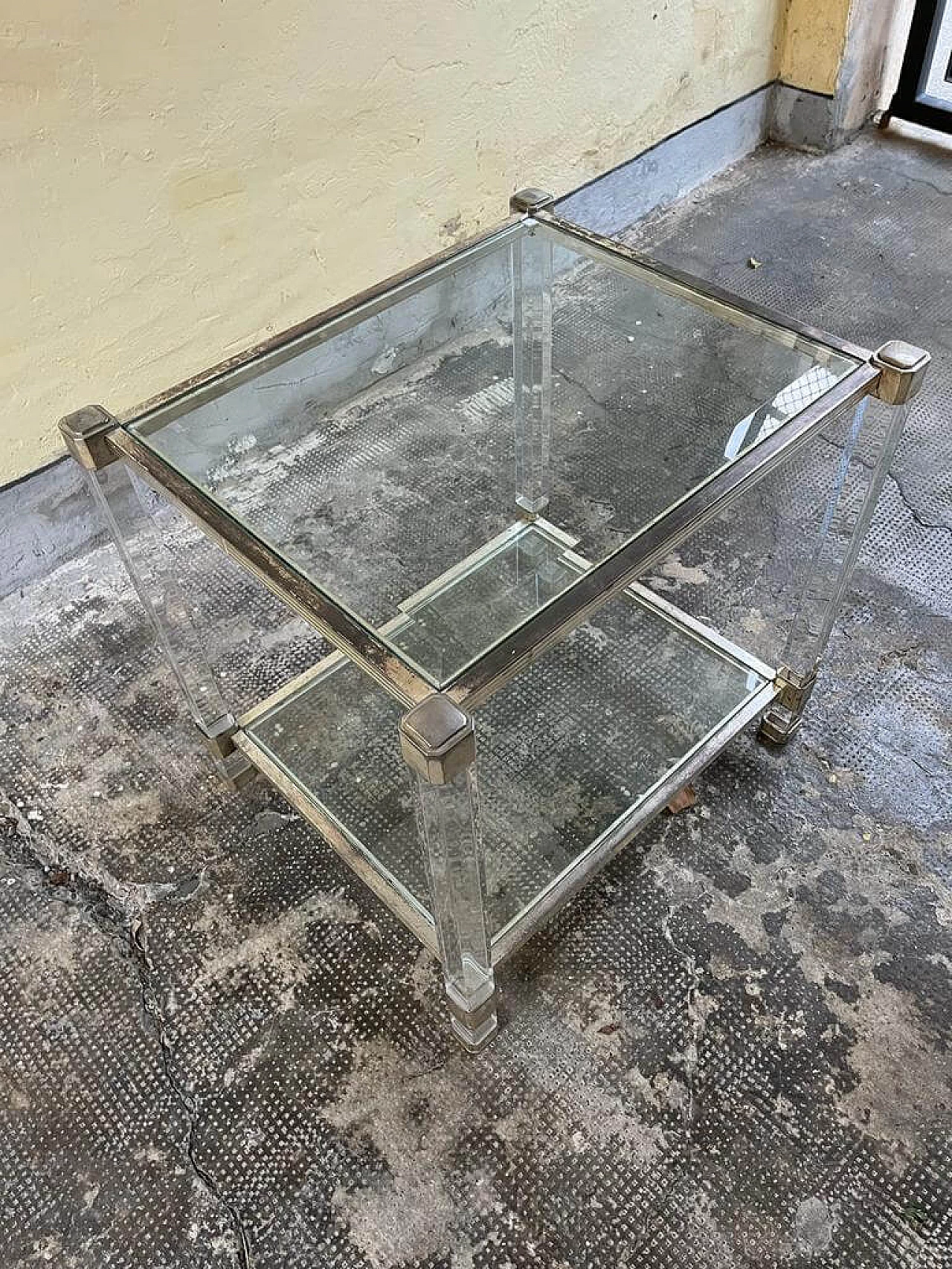 Tavolino in plexiglass, cristallo e metallo, anni '80 2