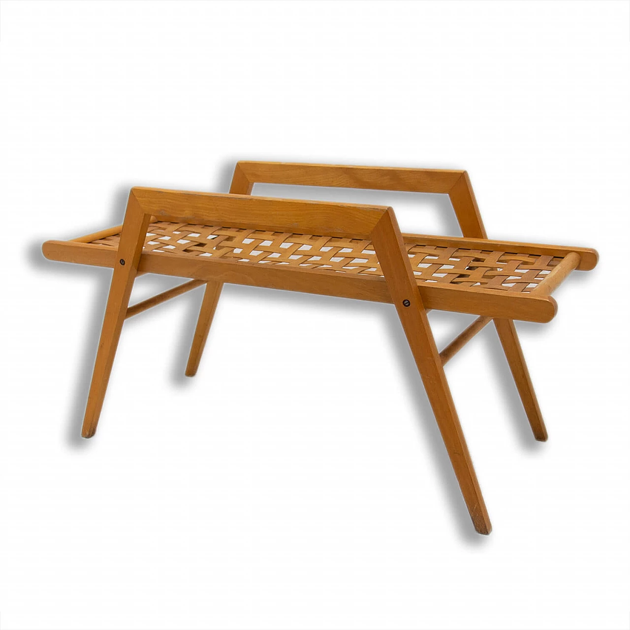 Beechwood coffee table with woven leather straps, 1970s 1