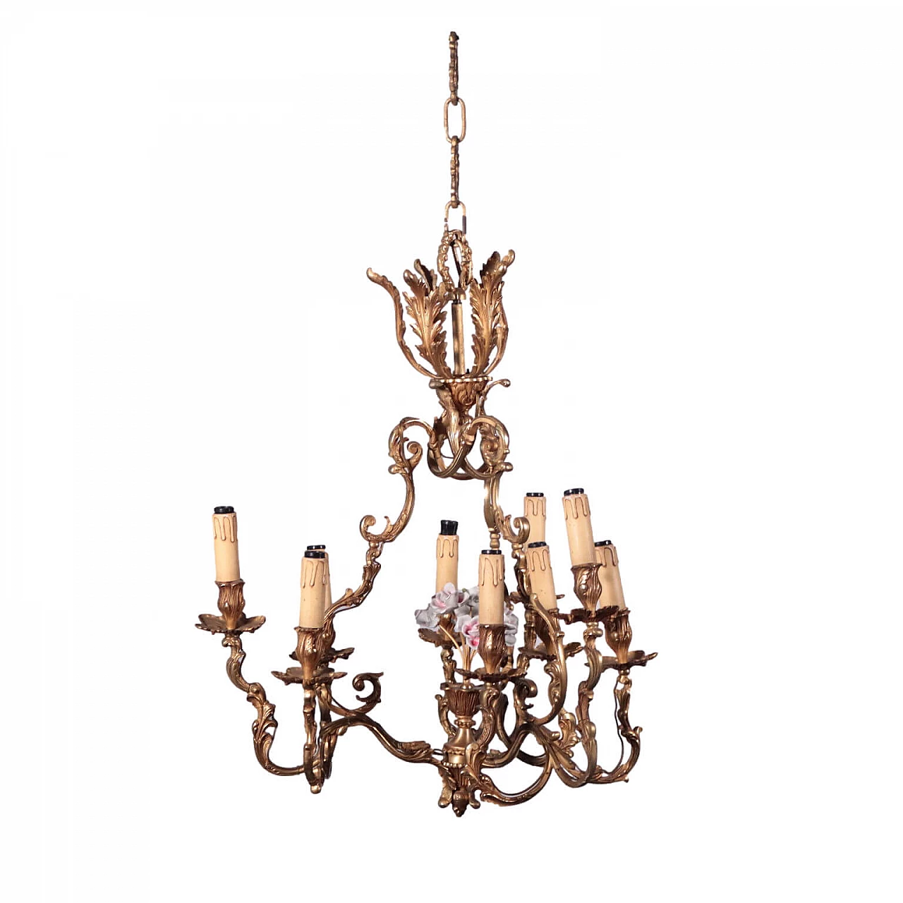 Lampadario in bronzo dorato con fiori in ceramica, '900 1