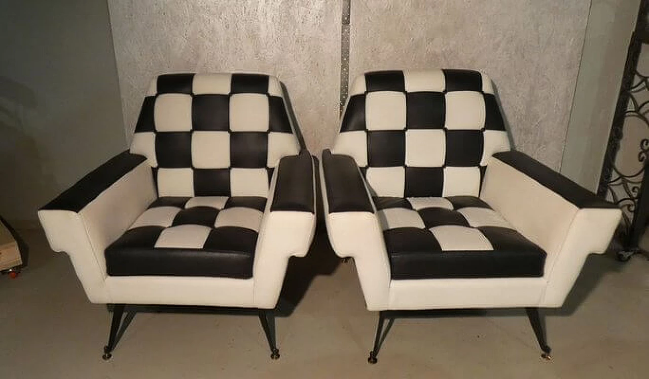 Pair of octagonal armchairs with checkerboard vinyl leather upholstery, 1960s 1