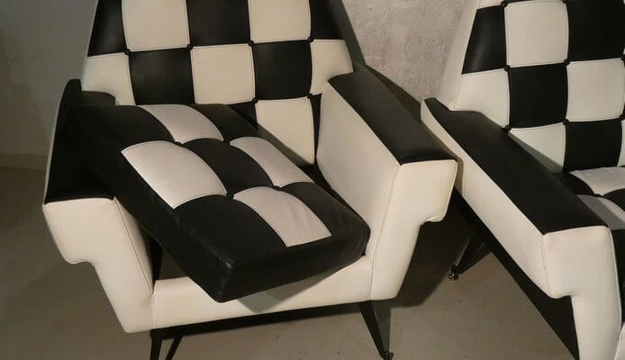 Pair of octagonal armchairs with checkerboard vinyl leather upholstery, 1960s 26