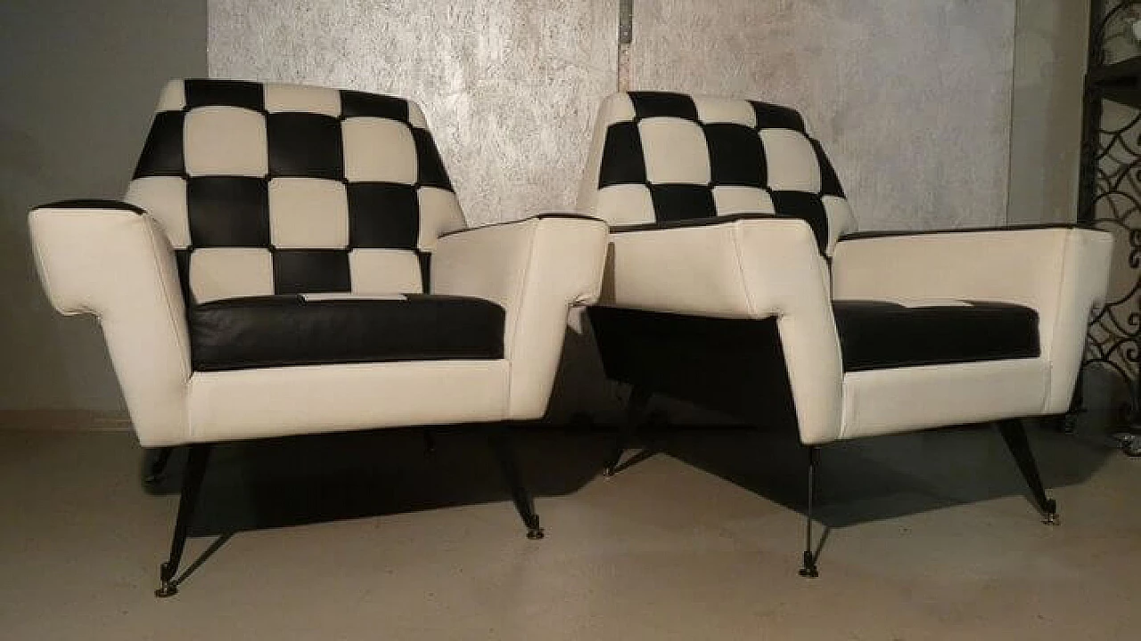 Pair of octagonal armchairs with checkerboard vinyl leather upholstery, 1960s 30