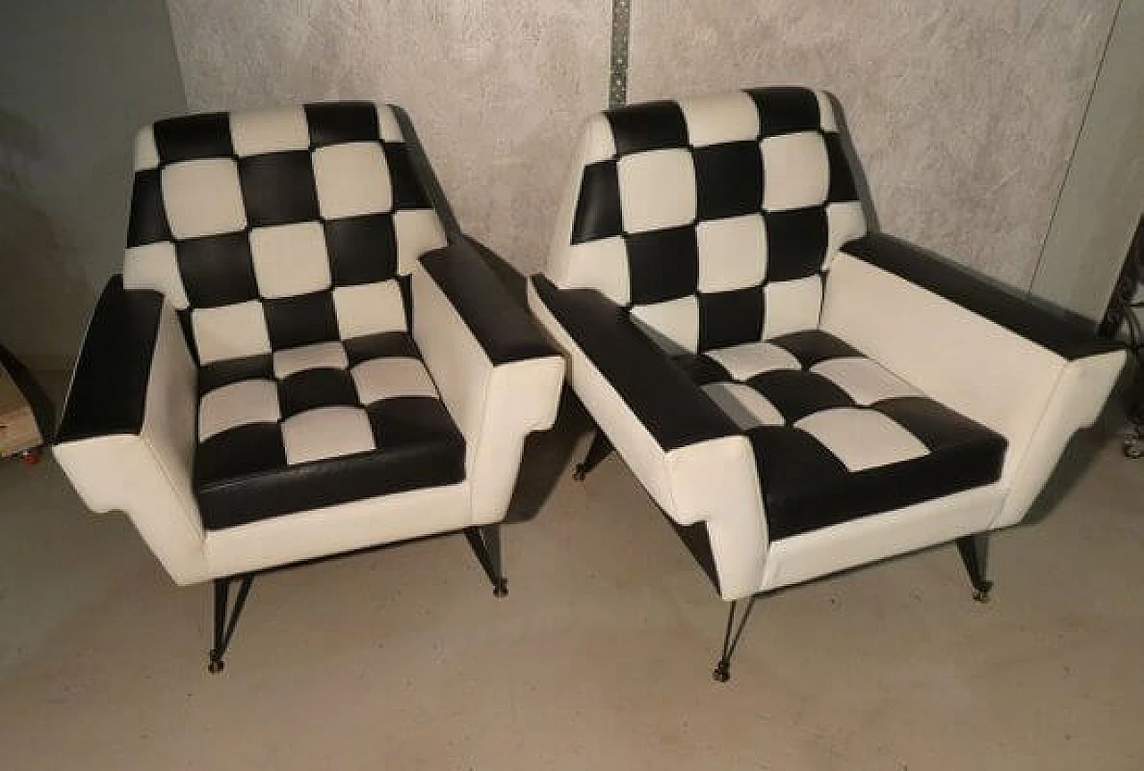 Pair of octagonal armchairs with checkerboard vinyl leather upholstery, 1960s 31