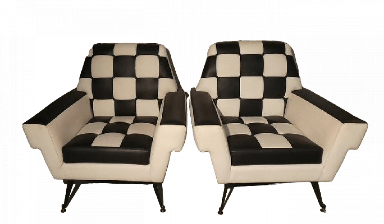 Pair of octagonal armchairs with checkerboard vinyl leather upholstery, 1960s 39