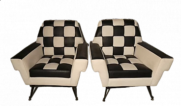 Pair of octagonal armchairs with checkerboard vinyl leather upholstery, 1960s