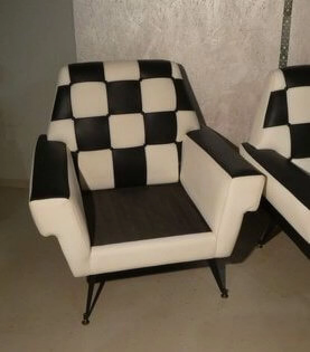 Pair of octagonal armchairs with checkerboard vinyl leather upholstery, 1960s 40