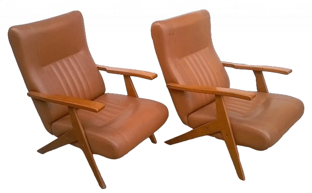 Pair of beech and brown leatherette reclining armchairs, 1960s 7