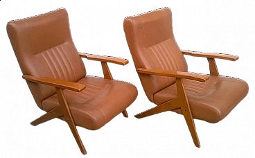 Pair of beech and brown leatherette reclining armchairs, 1960s