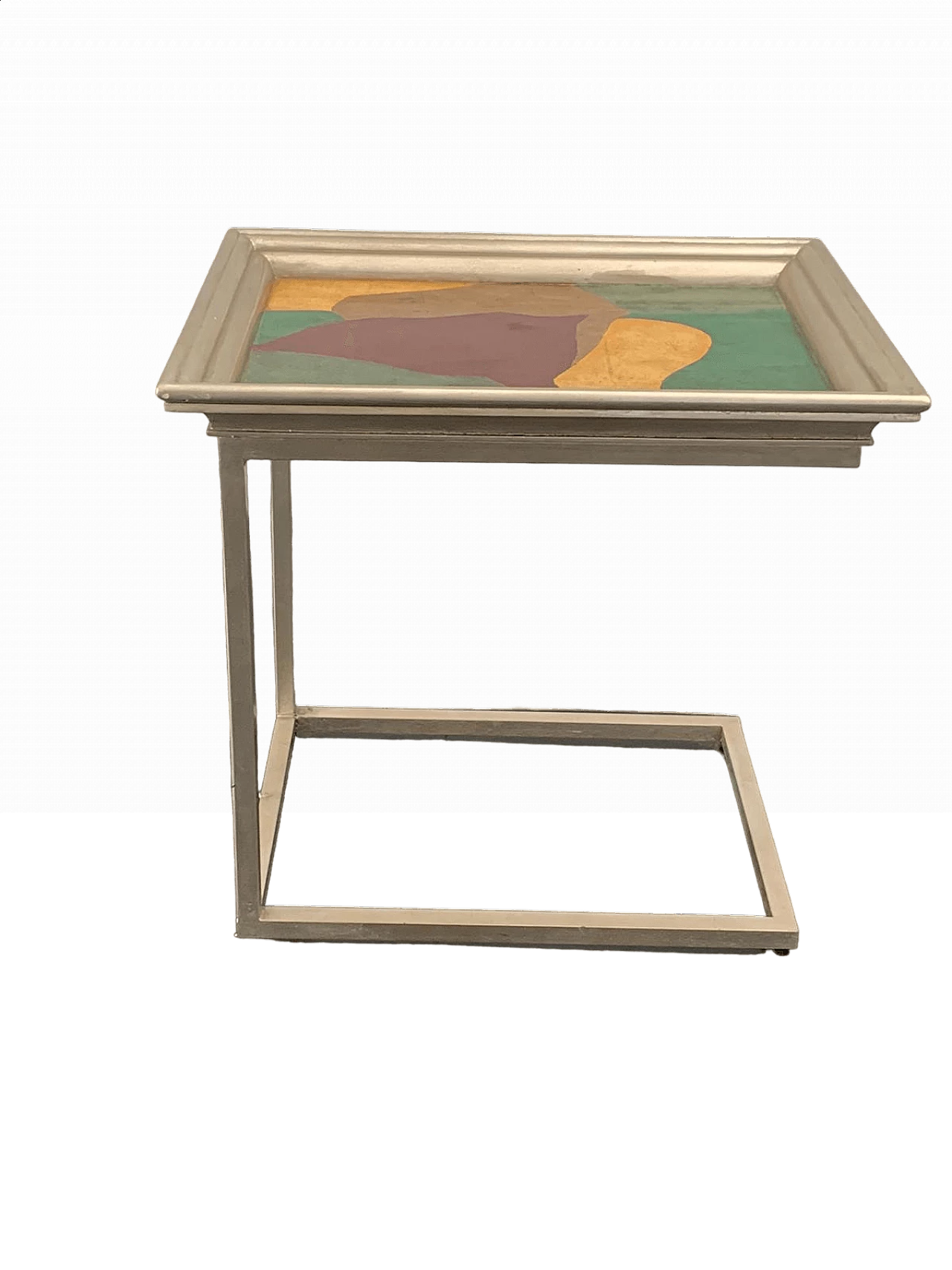 Tavolino in metallo con piano a vassoio laccato a pezze filiformi policrome, anni '70 10