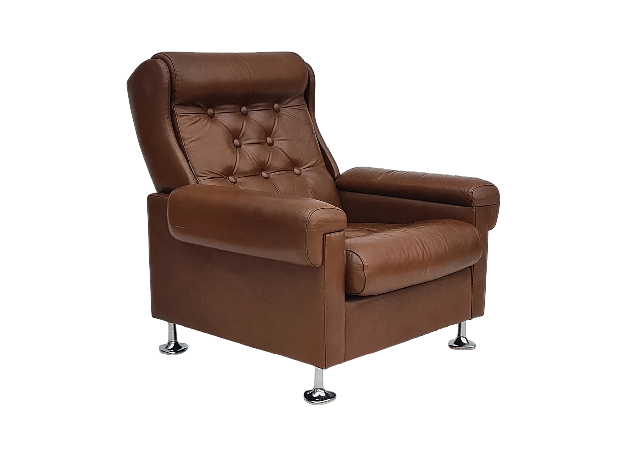 Poltrona da salotto danese in pelle marrone con gambe in acciaio, anni '70 15