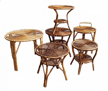 6 Round wicker side tables, 1950s