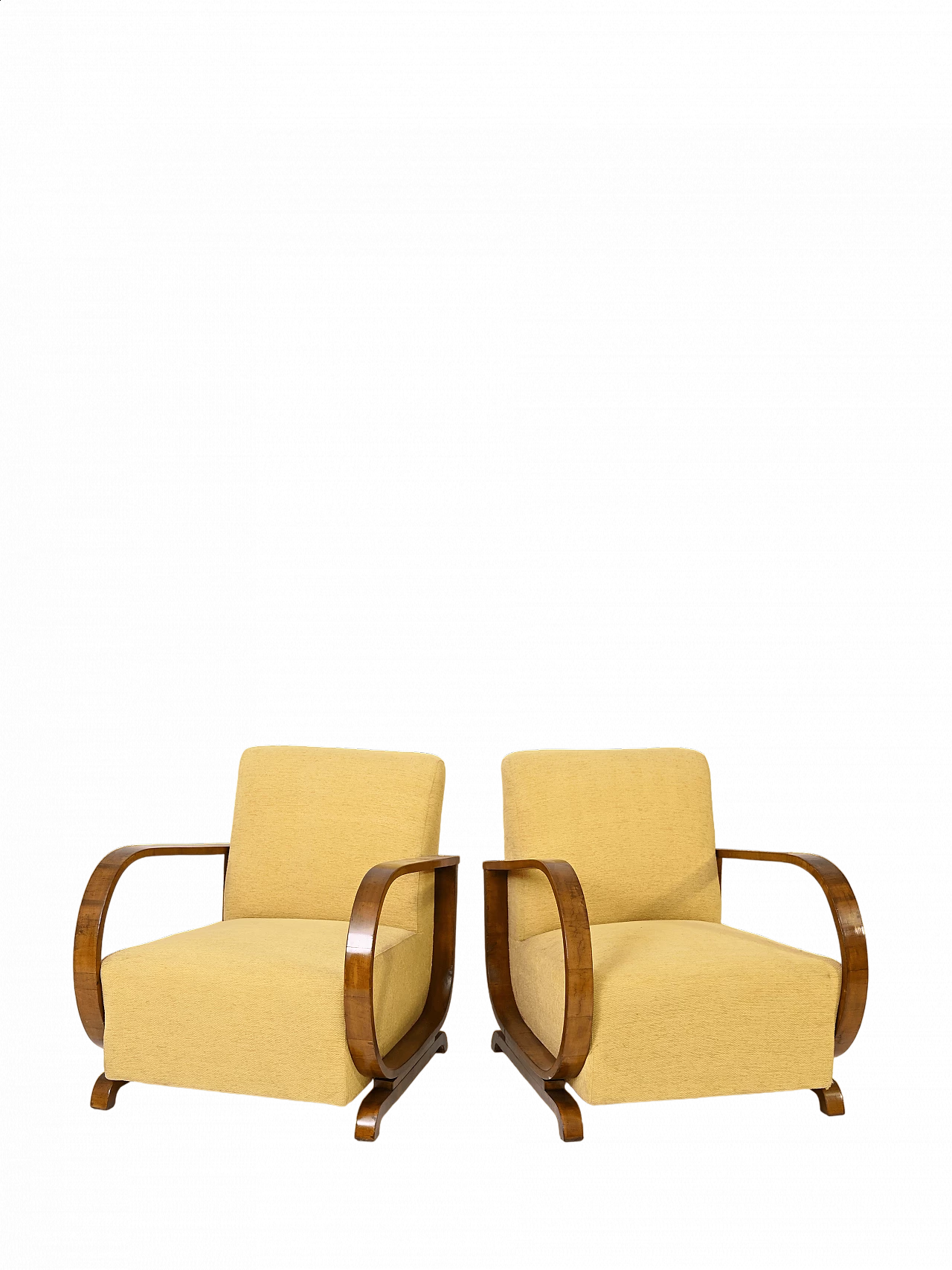 Pair of Art Deco armchairs in beechwood and yellow fabric, 1940s 14