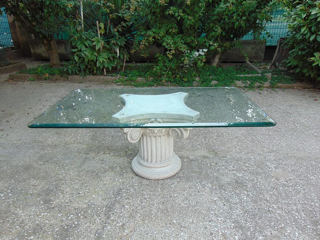Coffee table with capital base and glass top Italgarden, 1980s 1