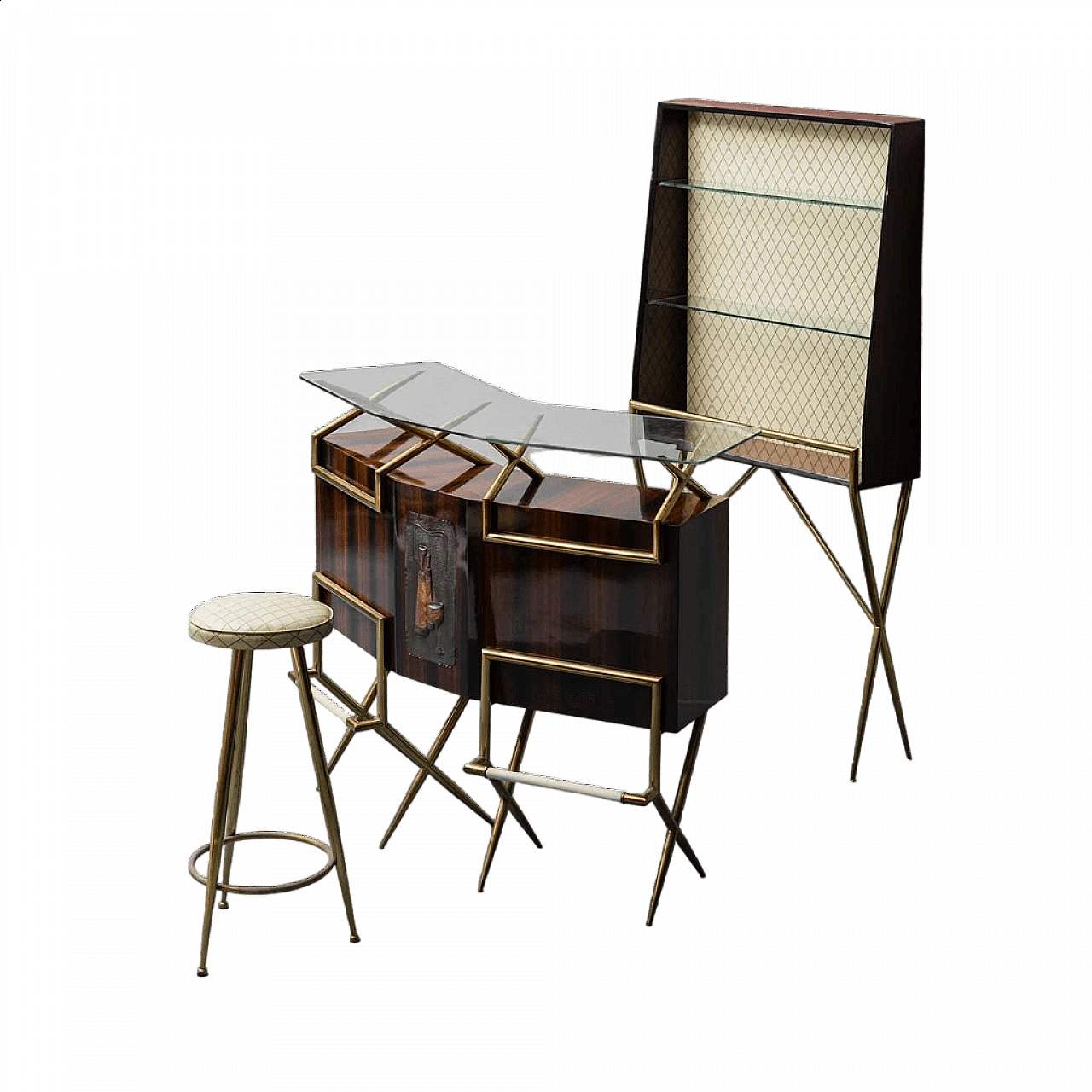 Bar cabinet with bottle rack and stool in wood, brass and glass, 1960s 19