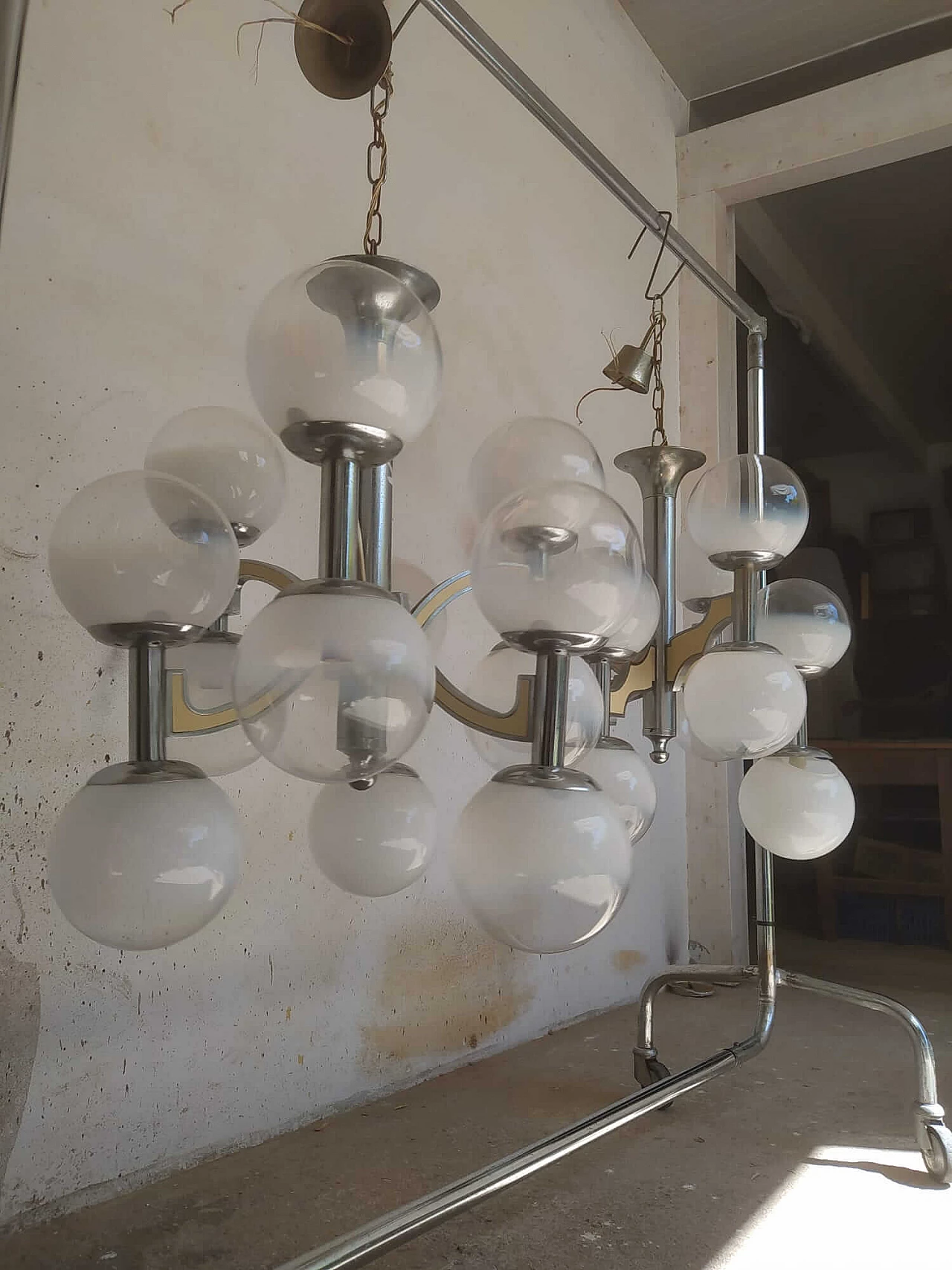 Pair of metal and milk glass chandeliers by Gaetano Sciolari, 1960s 3