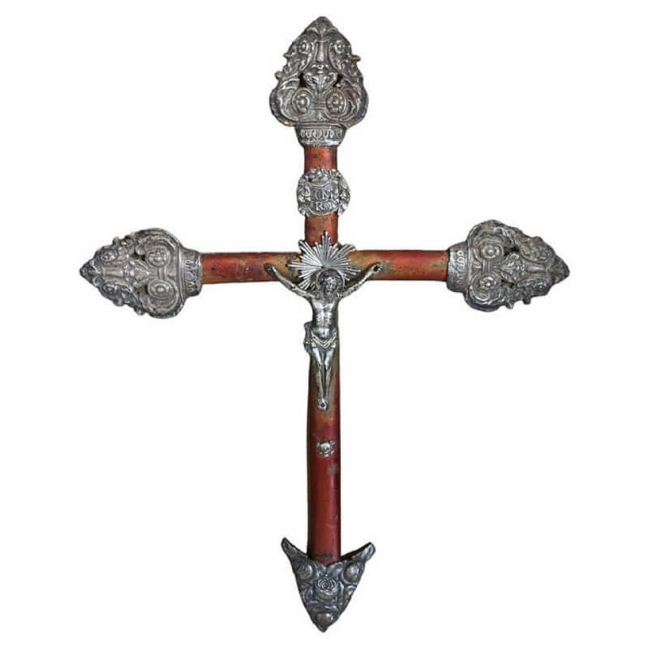 Crucifix in wood and embossed silver, 19th century 1