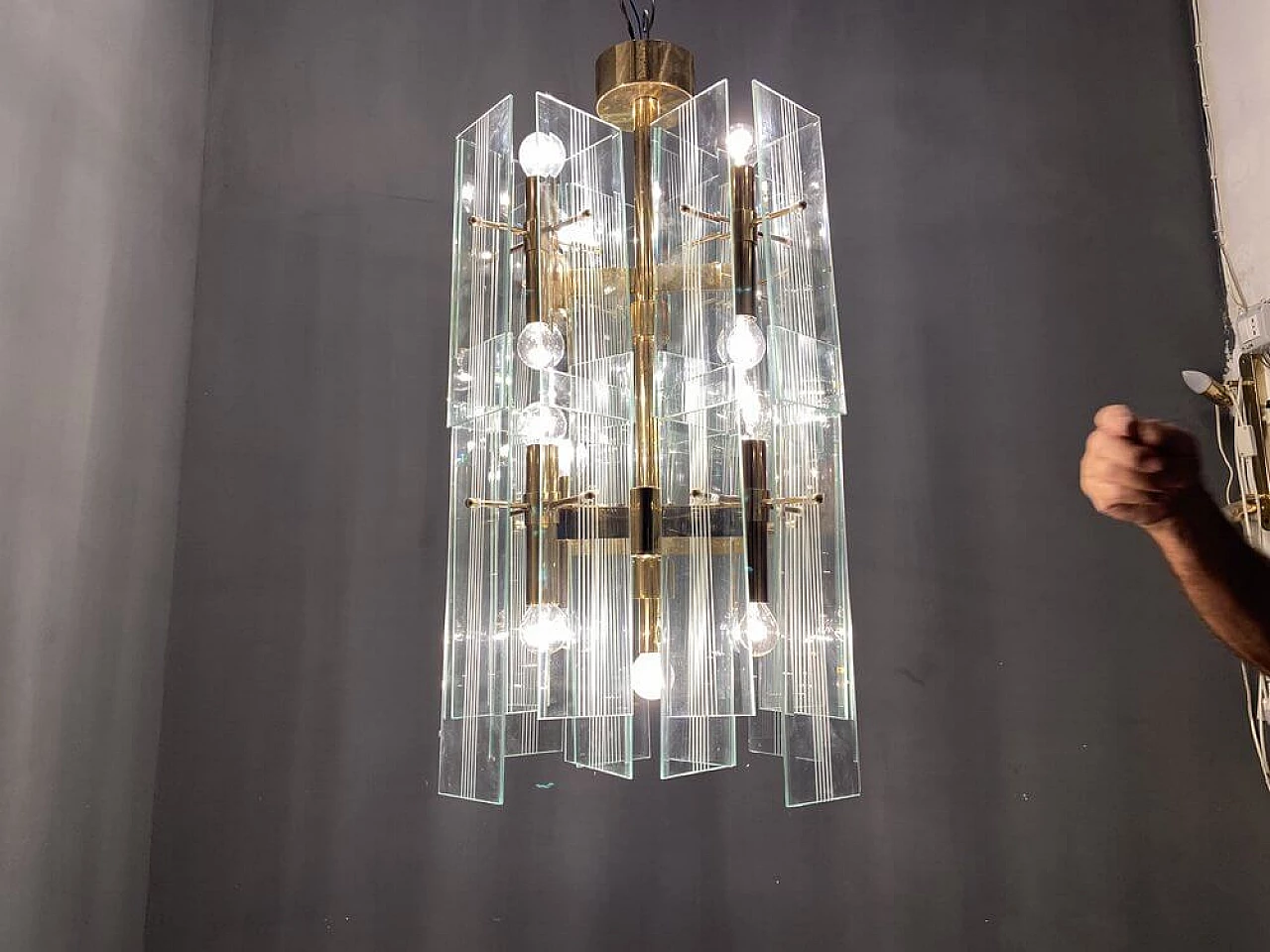 Brass and glass chandelier by Gaetano Sciolari, 1970s 7